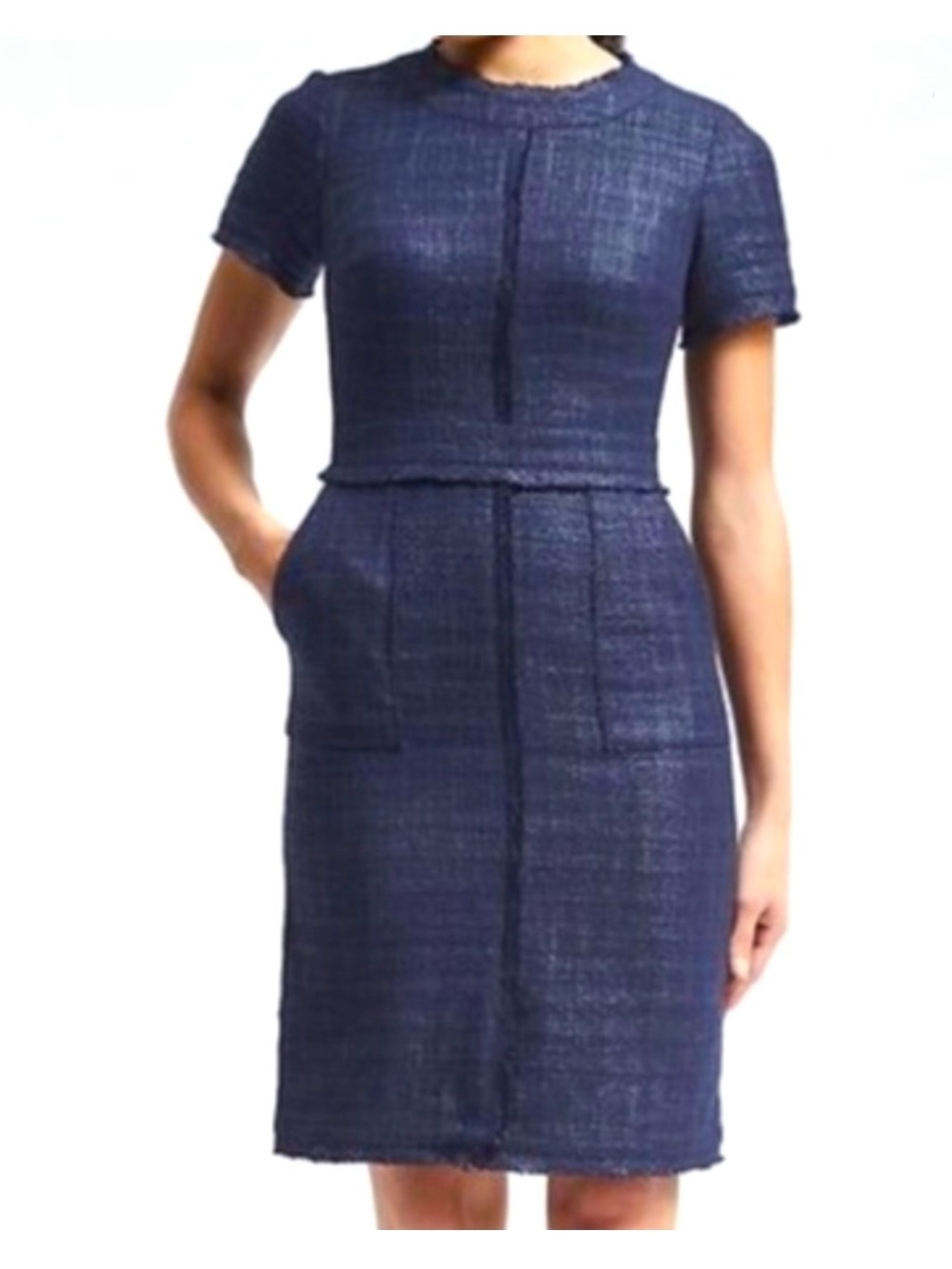 Banana Republic Short Sleeve Coated Cotton Tweed Navy Blue Sheath Dress 10